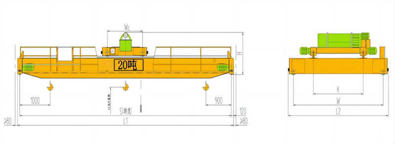 Structural drawing of 20t electric hoist double beam overhead crane