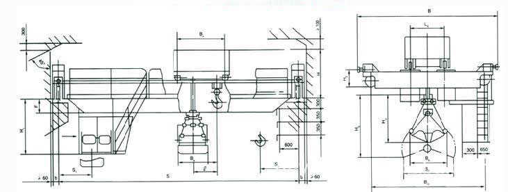 Structural drawing of grab and hook bridge crane