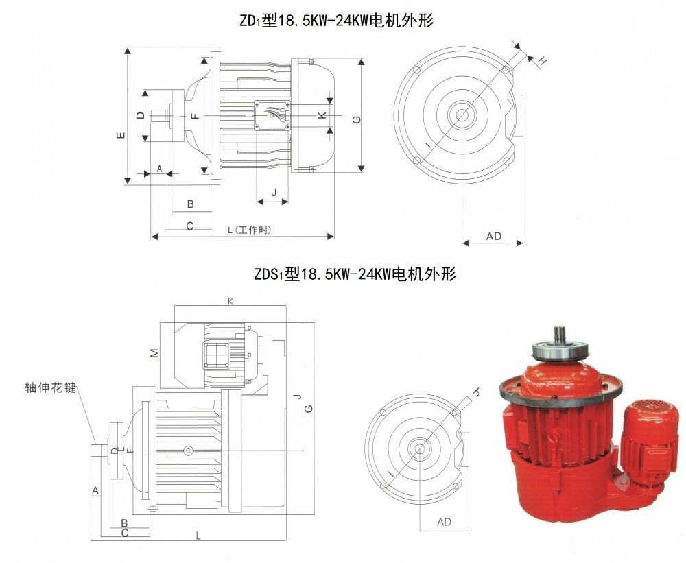 ZD1, ZDS1 18.5KW~24KW motor dimensions